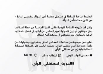 وقفة لمؤسسات مجتمع مدني أمام “النواب” الثلاثاء للمطالبة بالإفراج عن معتقلي الرأي
